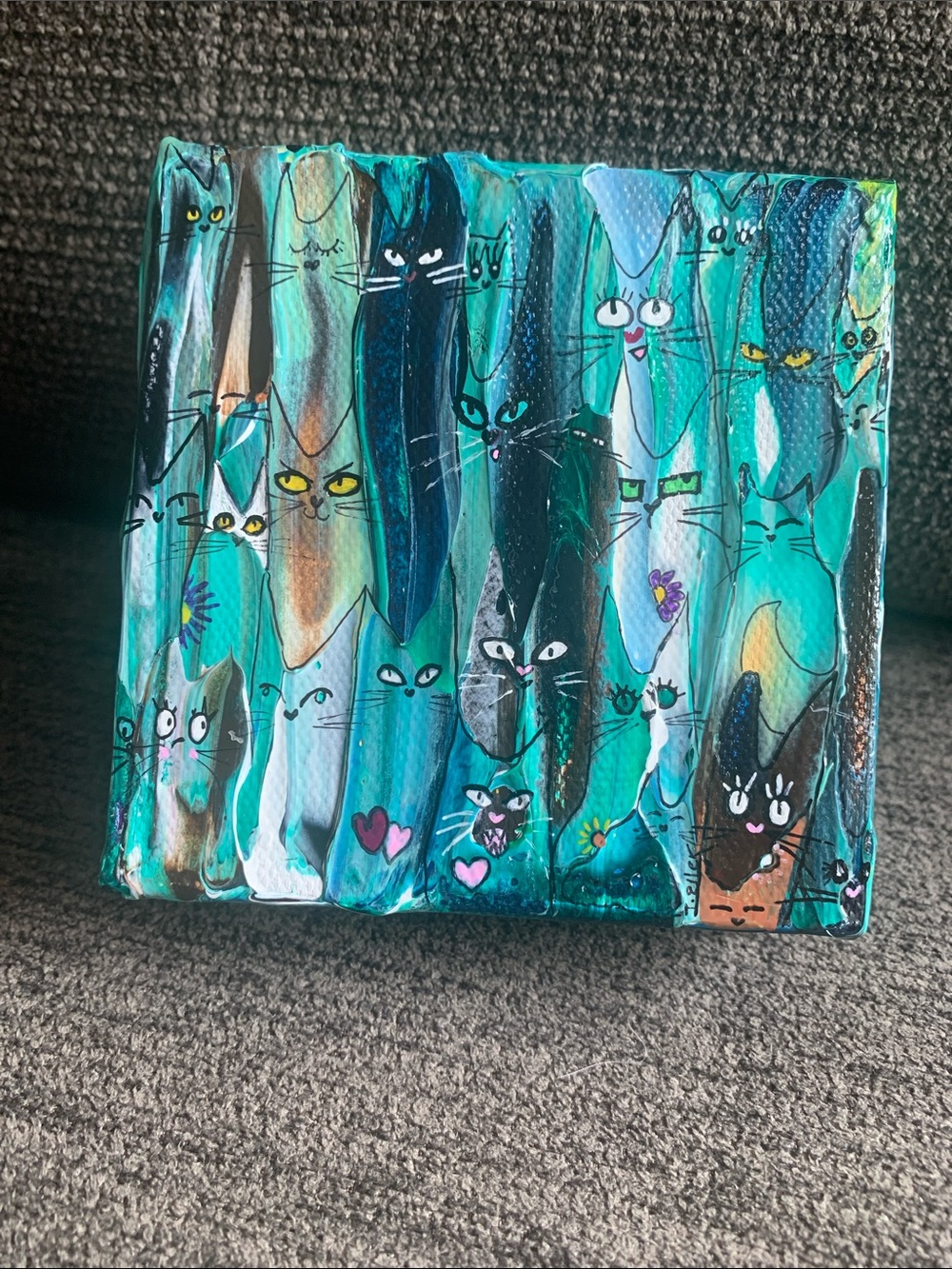 Teal & Turquoise Whimsical Cat Acrylic Painting 4x4